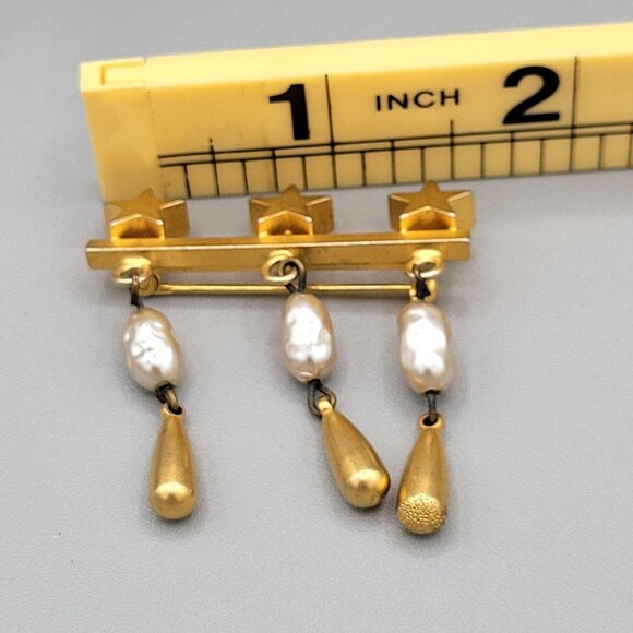 Gold Tone Bar Brooch Pin Dangle Freshwater Pearl Stars Accents 1 1/2" - Picture 5 of 6